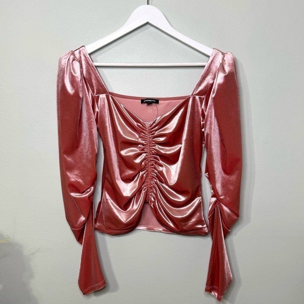 Express Pink Velvet Ruched Puff Long Sleeve Crop Top XS - Picture 12 of 14